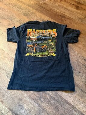 Harley-Davidson Black T‑Shirt with Orange and Yellow Motorcycle Graphic
